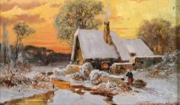 Winterlandschaft Im Sonnenuntergang Oil Painting by Karl Schreder