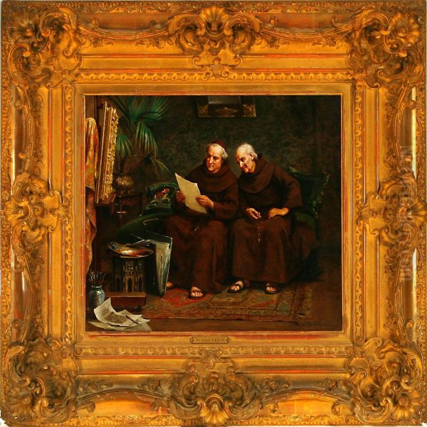 Interiorwith Two Monks Reading A Document Oil Painting by Charles Baptiste Schreiber