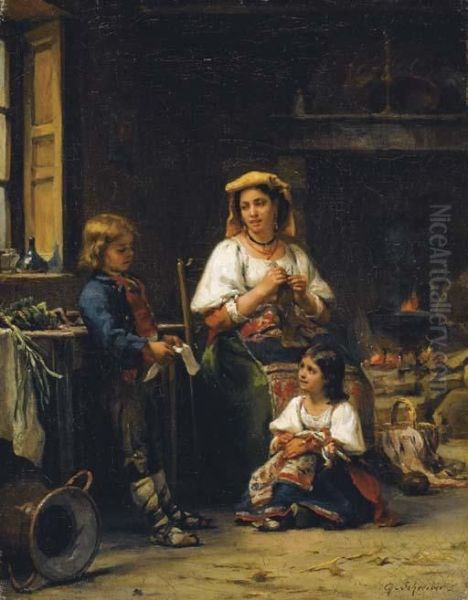 Lecture Au Coin Du Feu Oil Painting by Charles Baptiste Schreiber