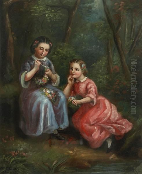 Young Girls Making Flower Crowns Oil Painting by Charlotte Mount B. Schreiber