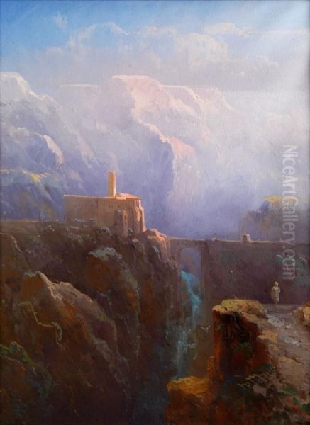 Italienische Felsenlandschaft Mit Gebaude Uber Einer
Wasserfallschlucht Oil Painting by Peter Conrad Schreiber