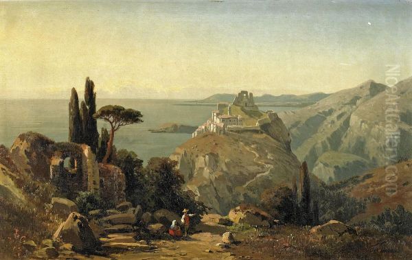 Sicilian Coastal Landscape Oil Painting by Friedrich Wilhelm Schreiner