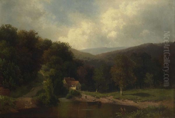 Uferlandschaft Mit Bauernhaus Oil Painting by Friedrich Wilhelm Schreiner