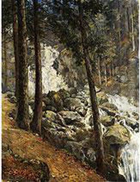 Waldlandschaft Mit Blick Auf Einen Felsigen Wasserfall Unter Baumen Oil Painting by Friedrich Wilhelm Schreiner