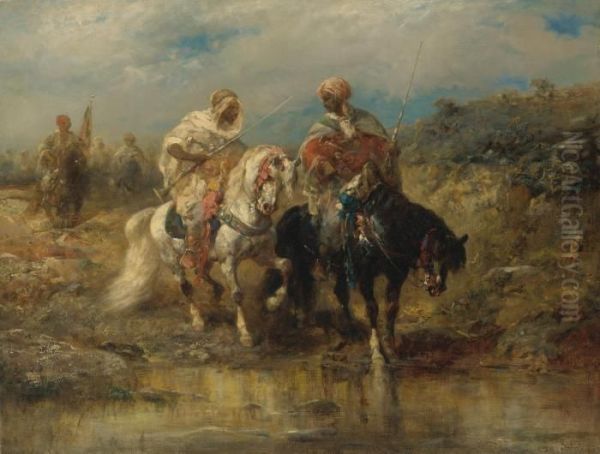 Horsemen At A Watering Hole Oil Painting by Adolf Schreyer