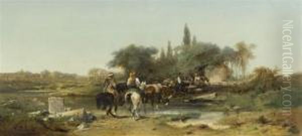 Oriental Caravan By A River Oil Painting by Adolf Schreyer