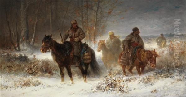 Cosaques A Cheval Dans Un Paysage Hivernal Oil Painting by Adolf Schreyer