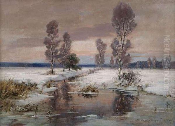 Wintry Landscape With A Brook Oil Painting by Franz Schreyer