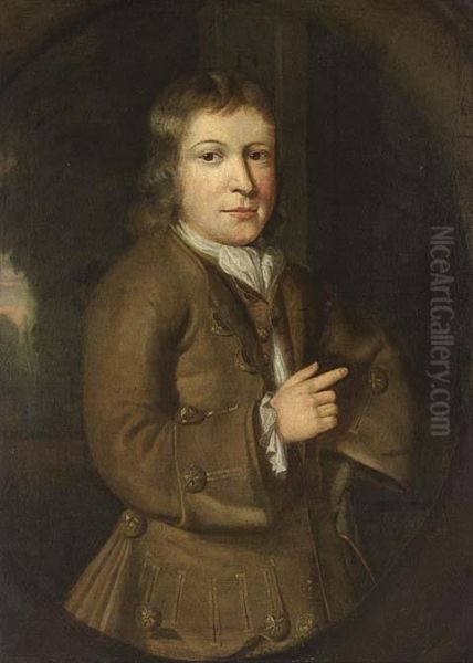 A Portrait Of A Boy, Half Length, Wearing A Grey Green Waist Coat With White Chemise Oil Painting by Jacob Schrieder