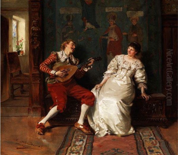 Der Lautenspieler Als Minnesanger Oil Painting by Albert Friedrich Schroder