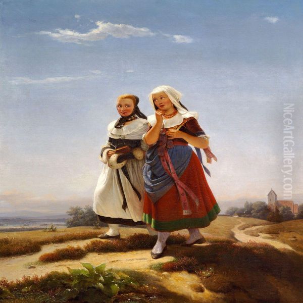 Two Young Girls On Their Way Back From Church Oil Painting by Carl Julius Hermann Schroder