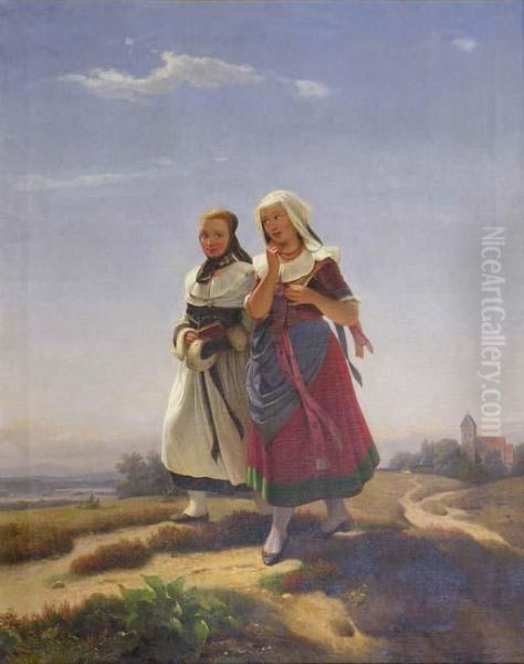 - Fillettes Dans La Campagne Oil Painting by Carl Julius Hermann Schroder