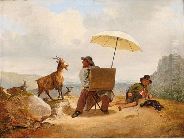 An Artist Painting Goats In A Mountainous Landscape Oil Painting by Carl Julius Hermann Schroder