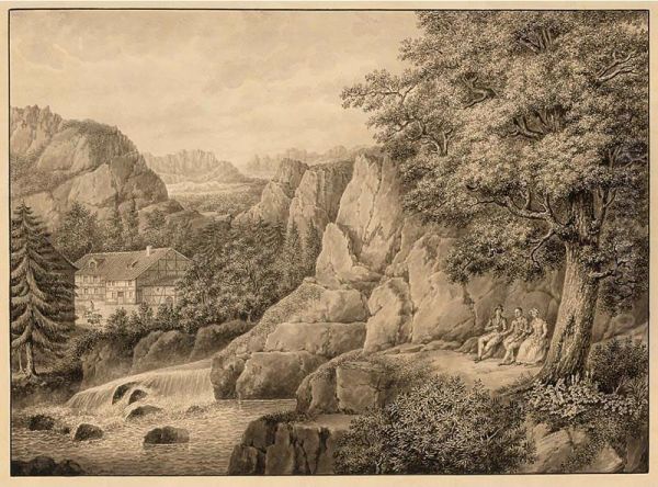 Figures Resting In A Mountainous Landscape, Figures Resting; A Pair Oil Painting by Carl Julius Hermann Schroder