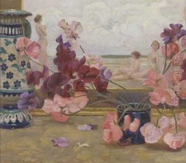 Still Life Of Sweet Peas, An Eastern Vase, And A Painting Withthree Figures Oil Painting by Walter Schroder