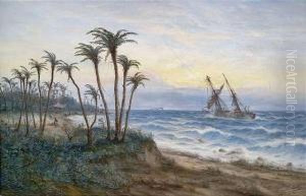 African Coastal Landscape With A Two-master Oil Painting by Max Schroder-Greifswald