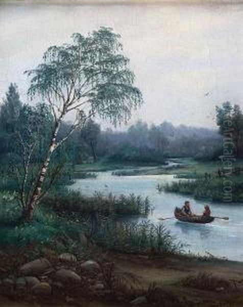 Pommersche Flusslandschaft Mit Birke Und Ruderboot Auf Dem Wasser Oil Painting by Max Schroder-Greifswald