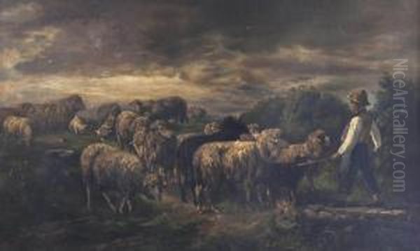 Shepherd Boy And Sheep Oil Painting by Wilhelm Schroeter