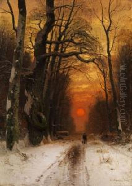 Wanderer In Einer Winterlichen Waldschneise Bei Sonnenuntergang Oil Painting by Wilhelm Schroeter