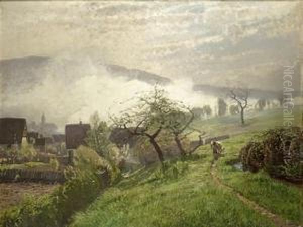 Badische Landschaft Im Fruhnebel Oil Painting by Wilhelm Schroeter