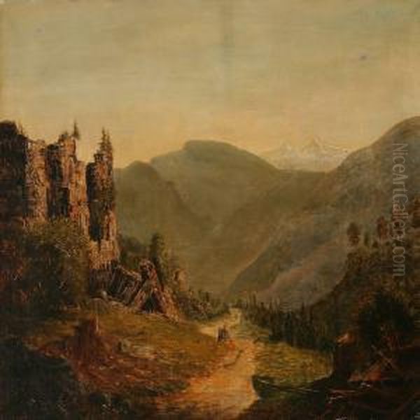 An Italian Summer Mountain Landscape Oil Painting by Heinrich Schubeler