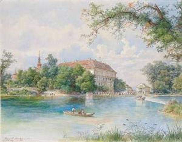 A Castle At The Elbe River Oil Painting by Heinrich Carl Schubert