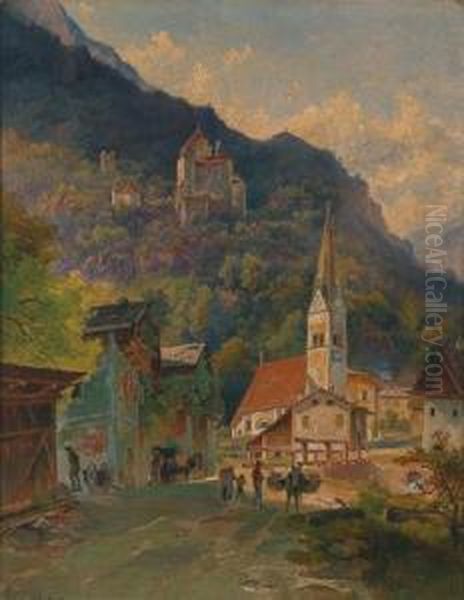 Blick Auf Die Trostburg Und Waidbruck In Sudtirol Oil Painting by Heinrich Carl Schubert