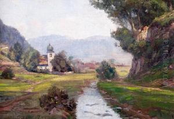 Pejzaz Z Kosciolem Oil Painting by Hugo Schubert