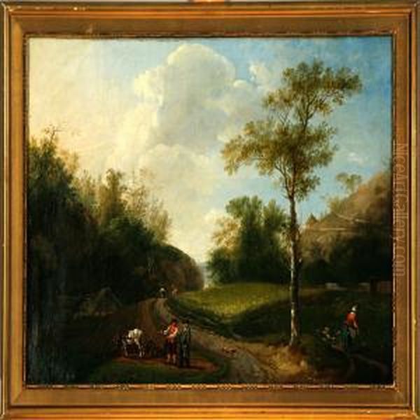 Landscape With Working Peasants Oil Painting by H.V. Schubert