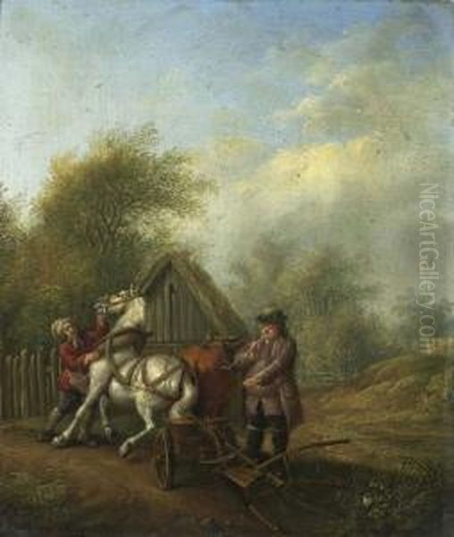 Gutsherr Und Knecht Mit Pflug. Oil Painting by Johann David Schubert