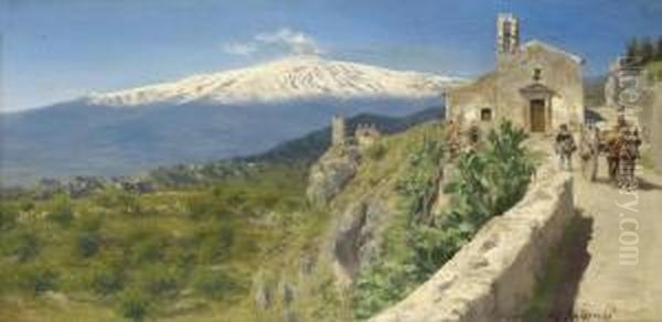 Scene Fromtaormina With A View Of Mount Etna Oil Painting by Werner Wilhelm Gustav Schuch