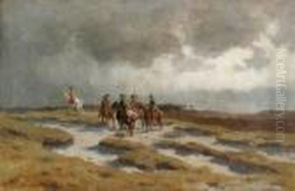 Mounted Soldiers In An Expansive Landscape Oil Painting by Werner Wilhelm Gustav Schuch