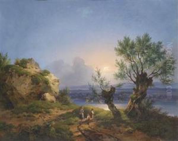 River Scenery With Human And Animal Figures In The Foreground Oil Painting by Dominik Schufried