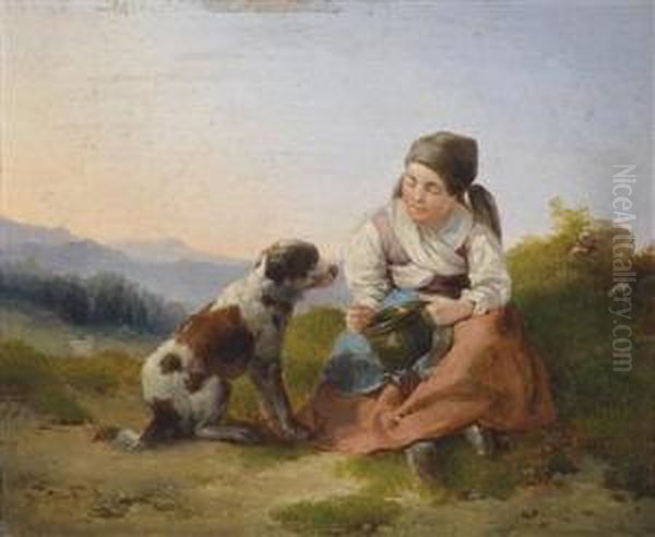 Peasant Girlwith Dog Oil Painting by Dominik Schufried