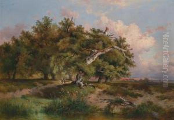 Evening Ambience With Shepherds Under A Gnarled Tree Oil Painting by Dominik Schufried