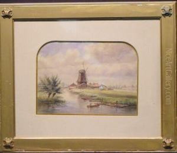 River Scene With Windmill Oil Painting by Schuller