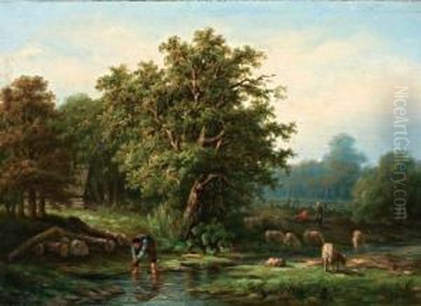 Rustende Herders Met Schapen Bij Een Beek Aan De Bosrand Oil Painting by Leon Schulman