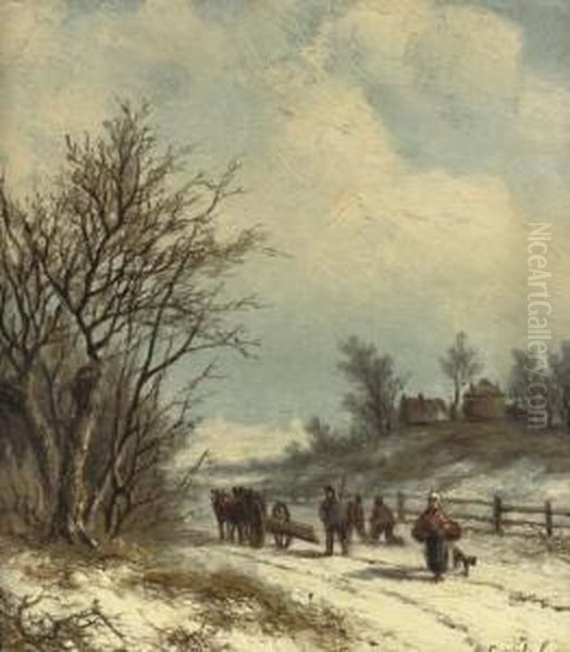 Gezigt In De Omstreeken Van Arnhem: Wood Gatherers On A Snowy Path Near Arnhem Oil Painting by Leon Schulman