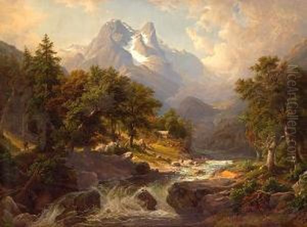 A Mountainous Landscape With A Fast Flowing River Oil Painting by Arnold Schulten