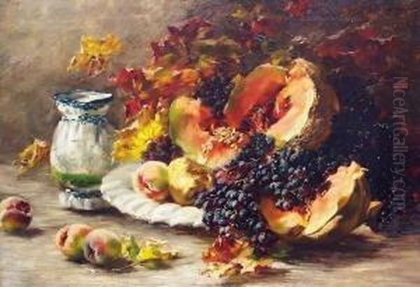 Stilleben Mit Melone, Pfirsichen Und Blauen Trauben Oil Painting by Natali Schultheiss