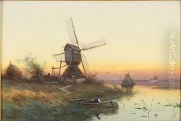 Fishing Along The Shore At Dusk- Holland Oil Painting by George F. Schultz