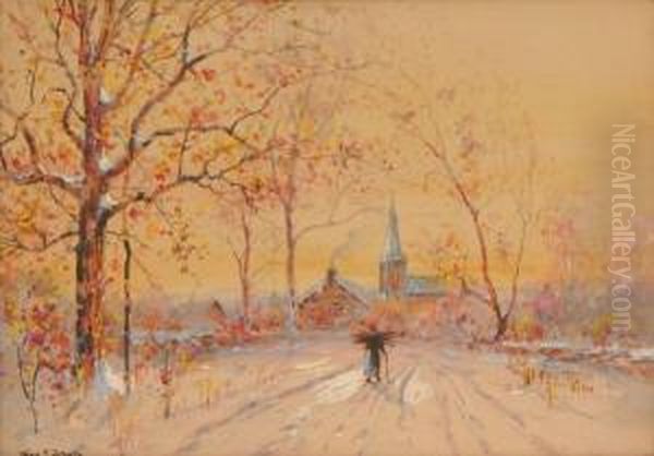 Late Autumn Evening With Figure And View Of Countryvillage Oil Painting by George F. Schultz