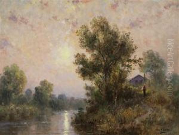 Wooded Lake Scene Oil Painting by George F. Schultz