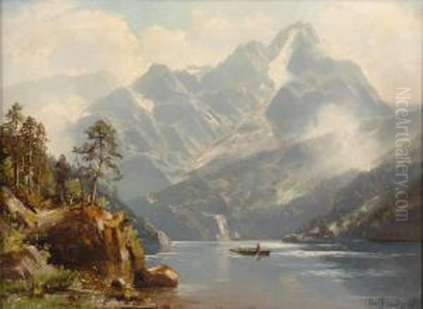 Alpine Seenlandschaft Mit Ruderbooten. Oil Painting by Karl Heinrich Schultze