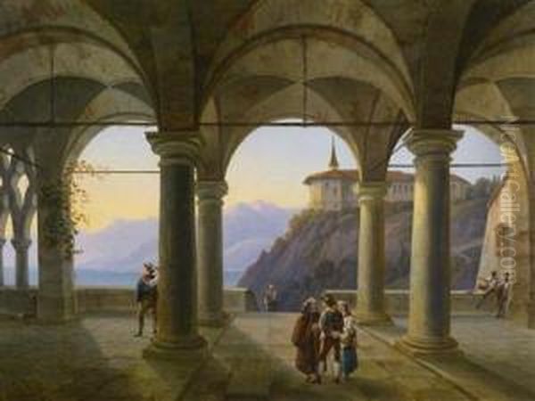 Colonnade With Decorative Figures And View Over A Mountain Lake Oil Painting by Alois Gustav Schulz