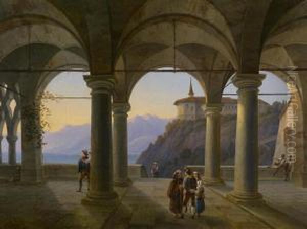 Columned Terrace With Decorative Figures And View Of Amountain Lake Oil Painting by Alois Gustav Schulz