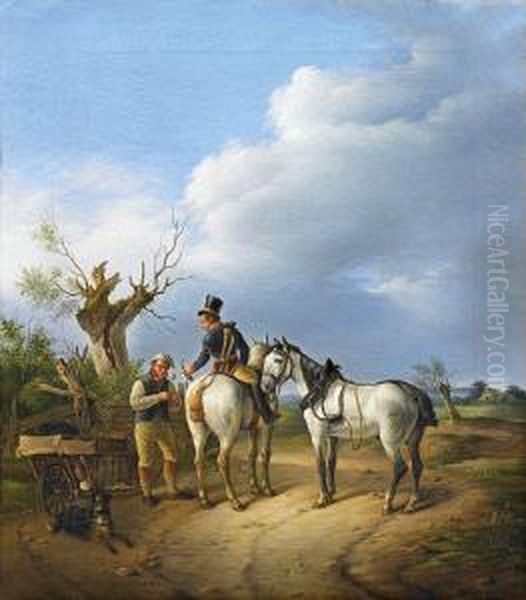 Preussischer Postillionmit Geflugelhandler Oil Painting by Johann Heinrich Carl Schulz