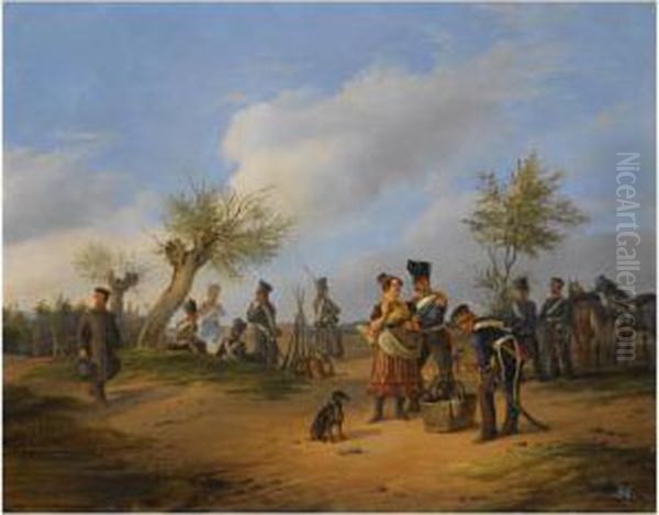 Prussian Soldiers At A Bivouac Oil Painting by Julius Schulz