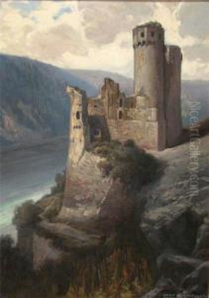 Burgruine Auf Einer Anhohe Am Flusslauf Oil Painting by Hans Rudolf Schulze