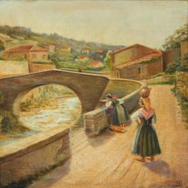 A View From South-europe With Women At A Bridge Oil Painting by Harald Peter W. Schumacher